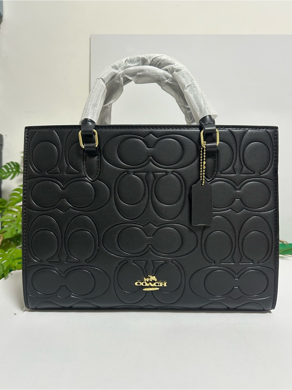 Coach Black Embossed Leather Satchel with Gold-Tone Logo